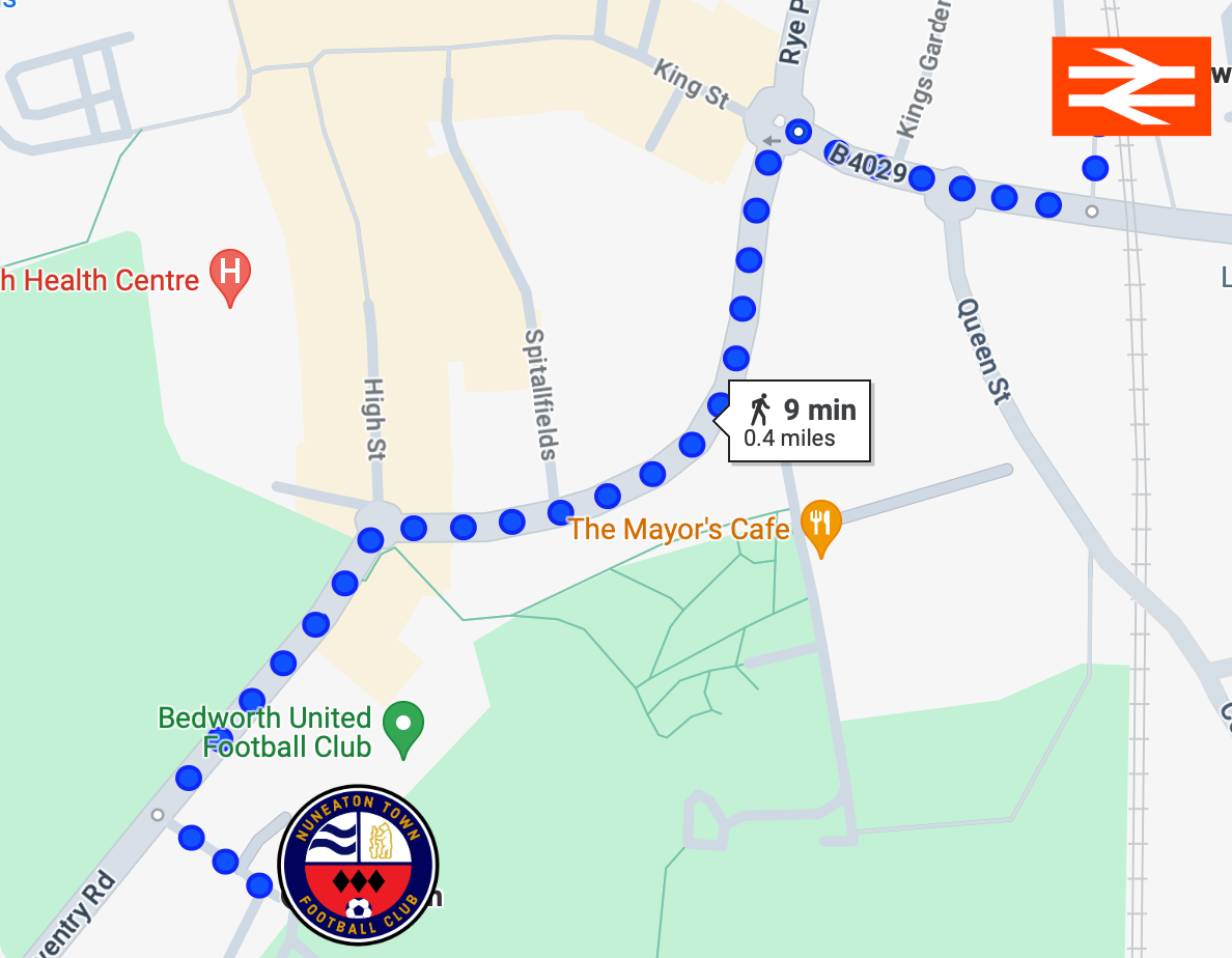 Map showing walking route from Bedworth United Football Club to a location marked by a train station symbol, with landmarks including The Mayor's Cafe, a hospital, and a green area.