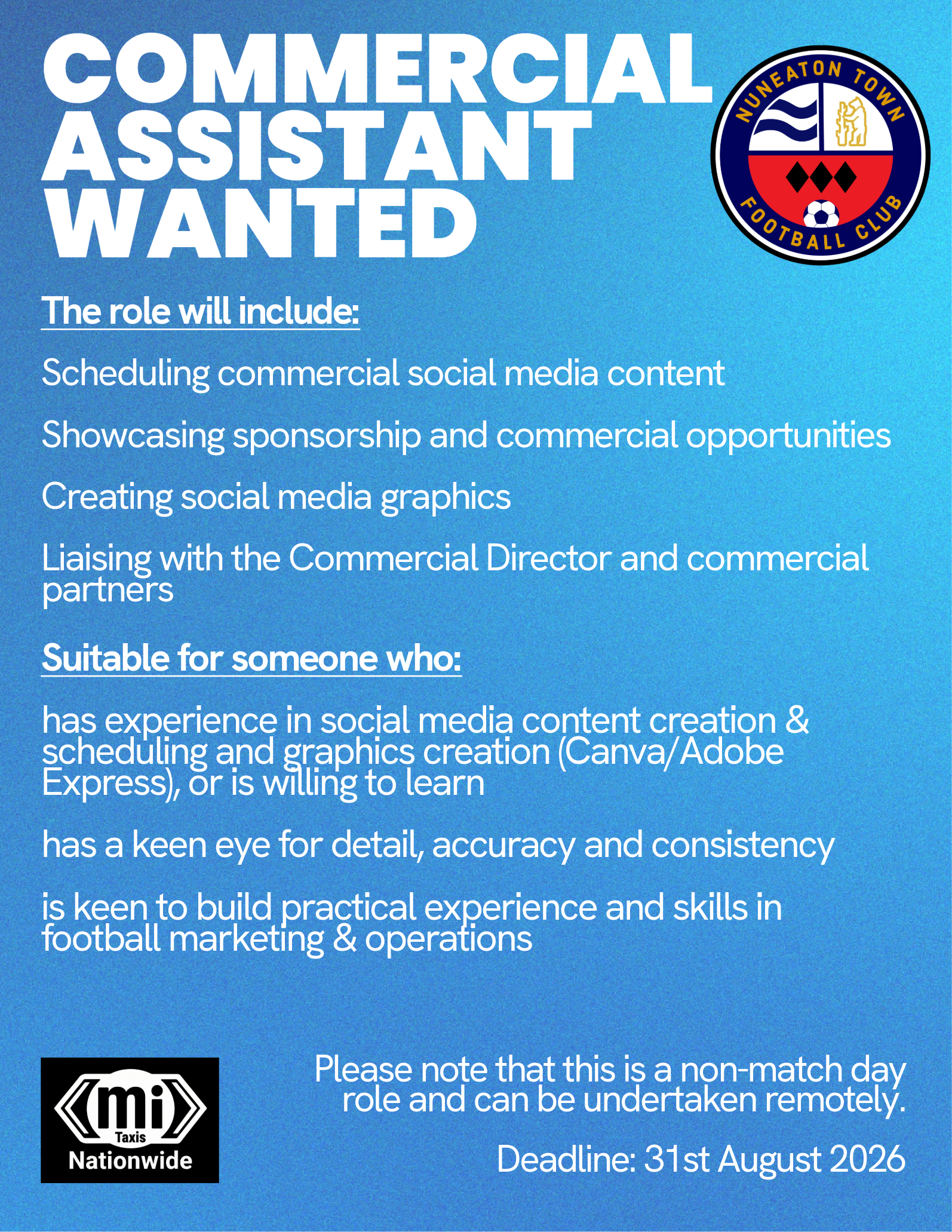Commercial Assistant Wanted