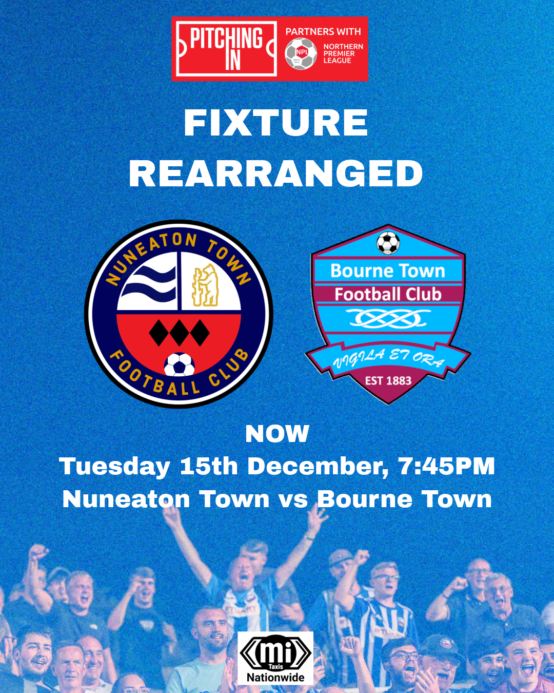 Fixture Change - Bourne Town (H) Now Tues 15th Dec, 7.45PM