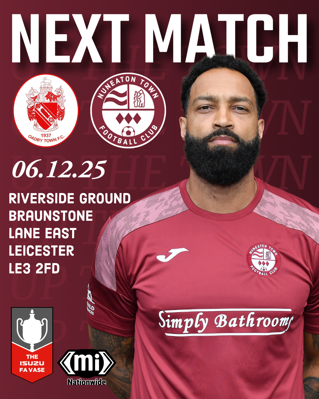 Match preview: GNG Oadby Town (A), FA Vase 3rd Rd, Sat 6th Dec, 3pm