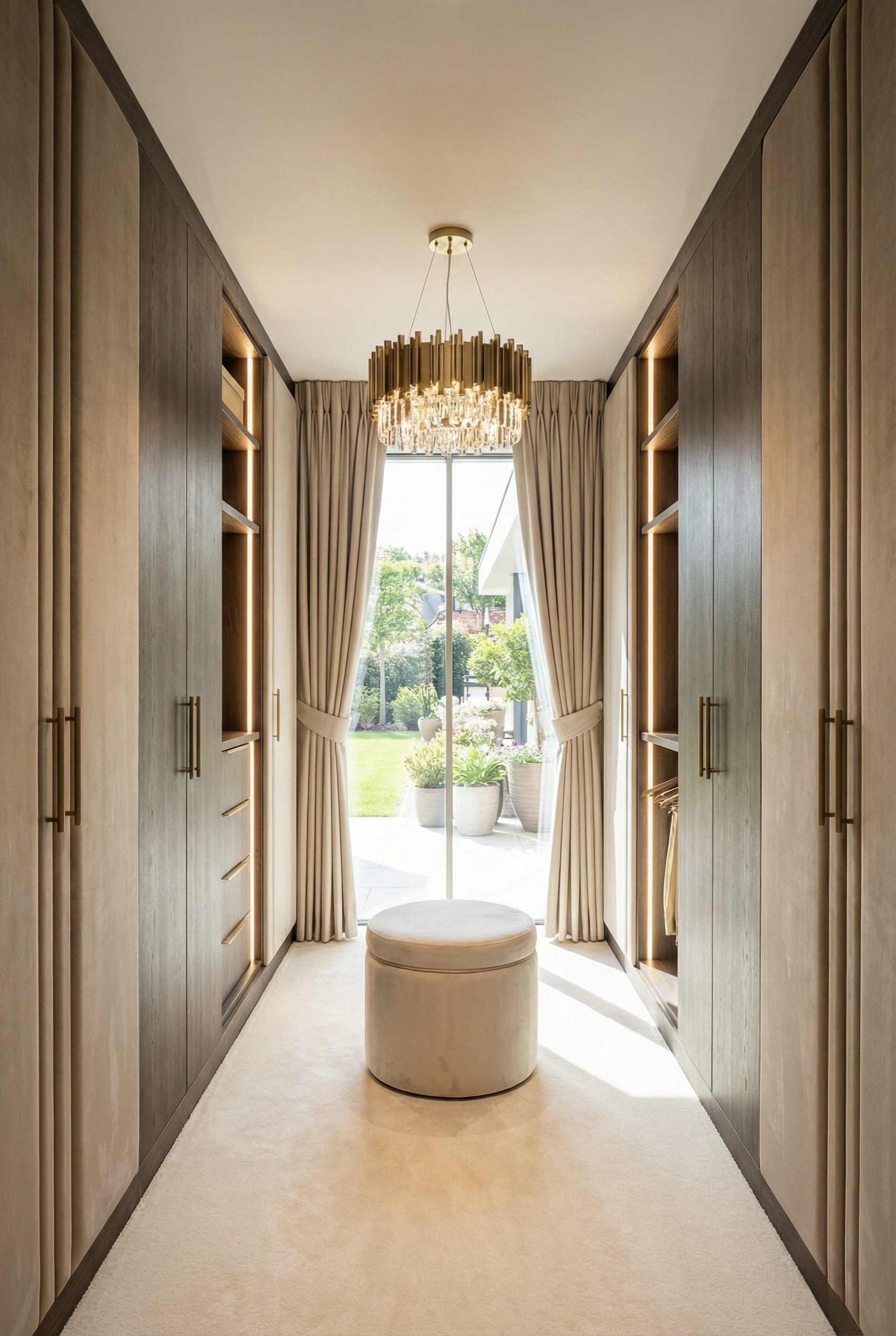 Elegant living room with a cream-colored sectional sofa, brown and beige pillows, a coffee table with white flowers in gold vases, and decorative glassware. The background features a large framed floral artwork, built-in shelves with decorative items, and modern lighting fixtures.