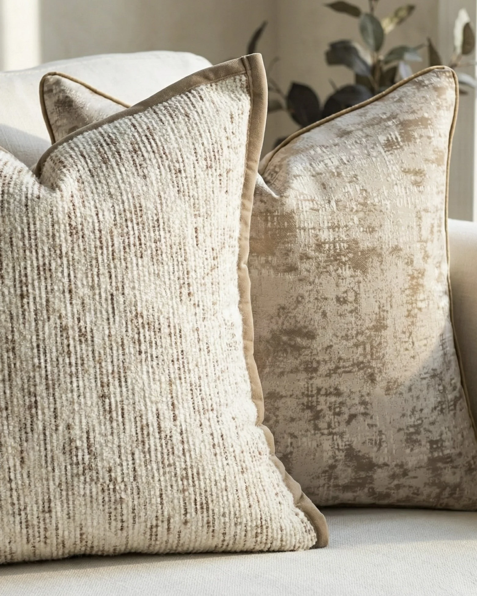 Close-up of two beige decorative pillows with different textures on a sofa, with a plant in the background.