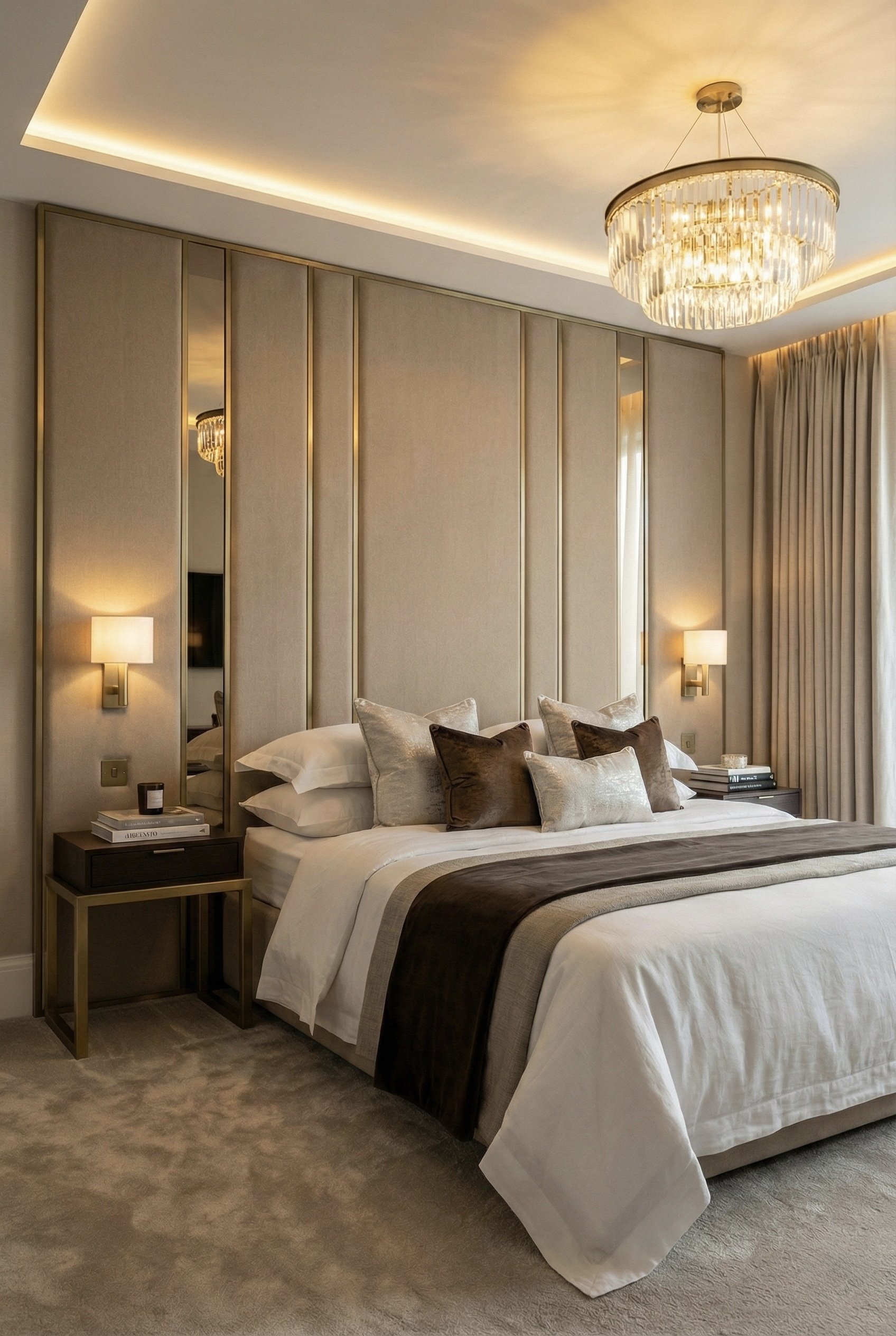 A modern bedroom corner with a wooden desk, a beige accent chair, a large round mirror, a vase with flowers, a table lamp, and an open magazine on the bed.