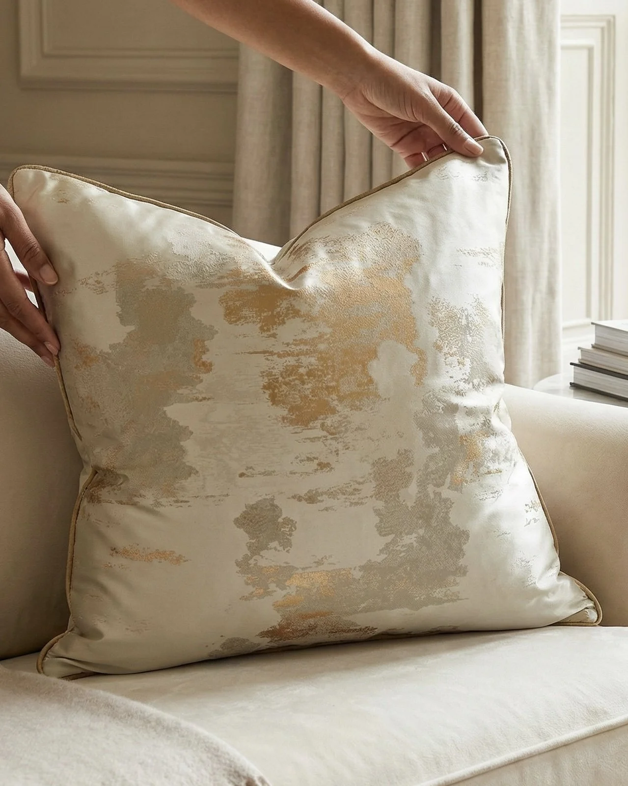 Person adjusting decorative beige and gold patterned pillow on cream-colored sofa in a well-lit room with curtains and books.
