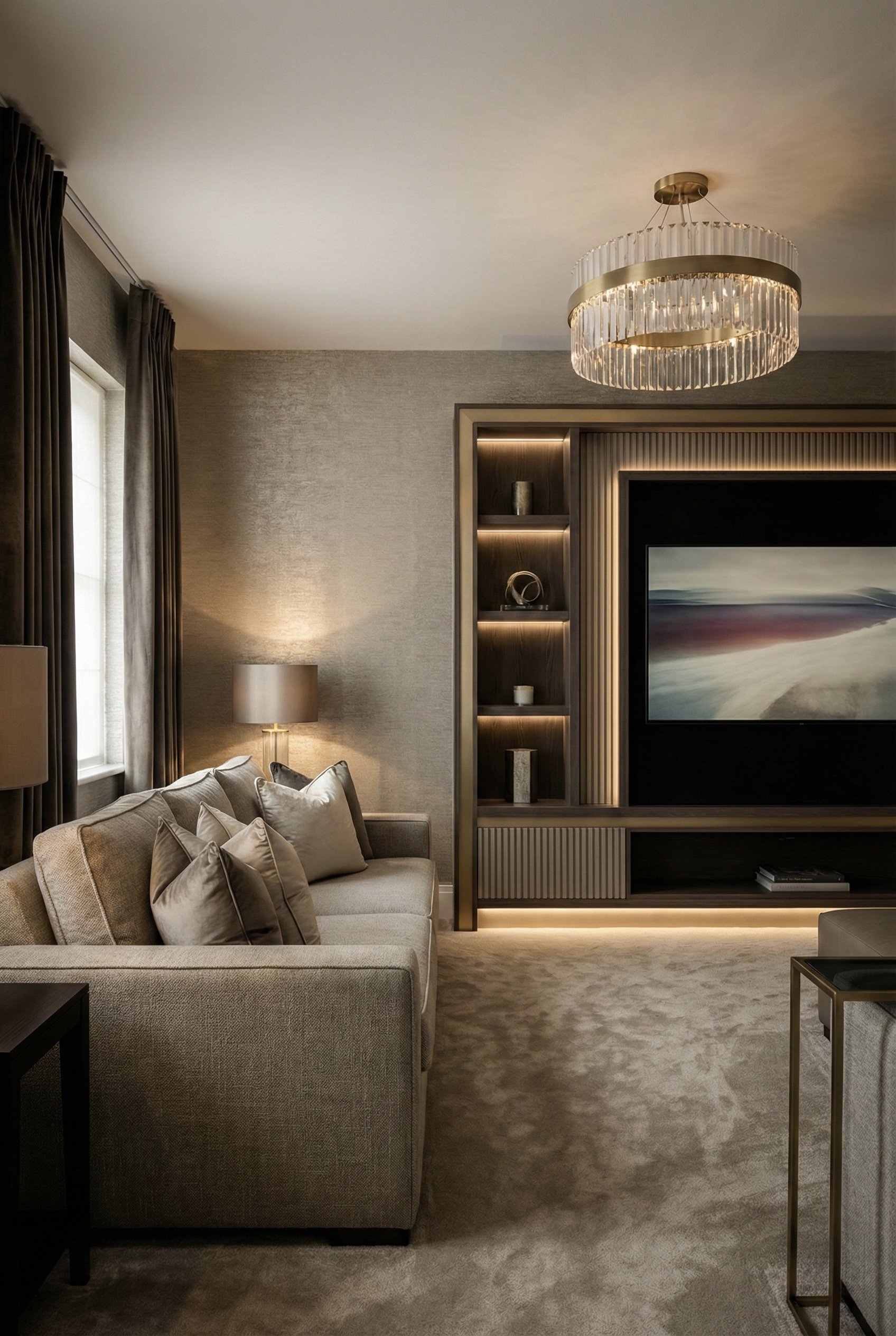 A modern bedroom with a large bed, multiple pillows, two bedside tables with lamps, artwork above the bed, a window with white curtains, and two white ottomans at the foot of the bed.