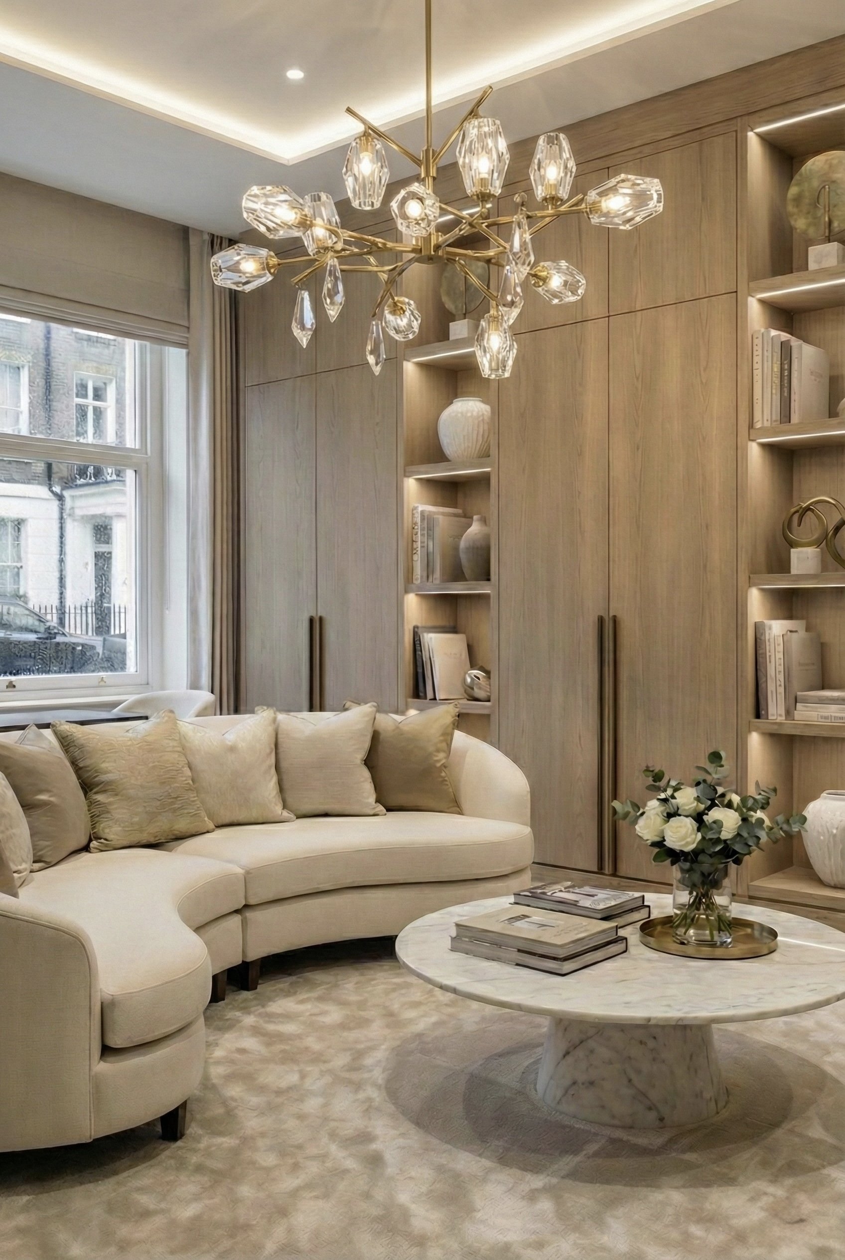 Elegant bedroom with large bed, decorative pillows, beige and gold color scheme, tall mirrors, chandelier, flowers on nightstands.