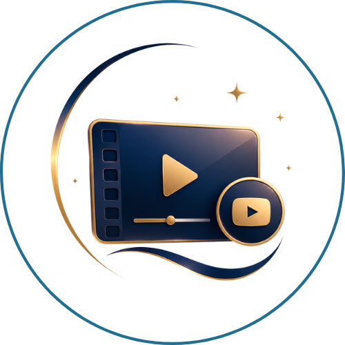 Icône représentant une barre de progression de lecture vidéo avec un bouton de lecture, entourée d'un cercle coloré et un fond rouge et vert.