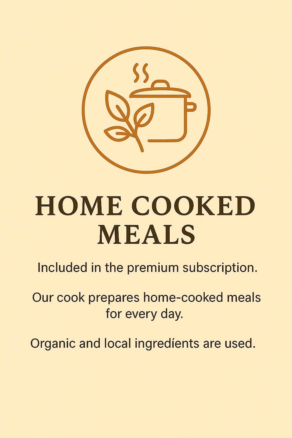 Poster advertising home-cooked meals included in a premium subscription, emphasizing organic and local ingredients.