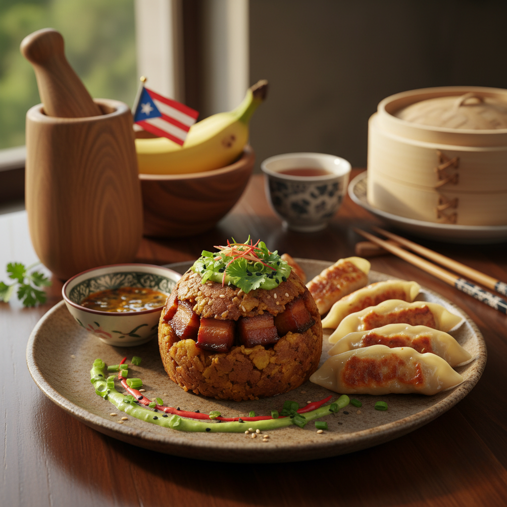 A plate of Chinese dim sum featuring a sticky rice ball with pork and a topping of greens, served with dipping sauce and garnished with chopped green onions and sauce lines. In the background, there are bamboo steamers, a bowl of tea, fresh banana, a mortar and pestle set, and chopped cilantro on the table.