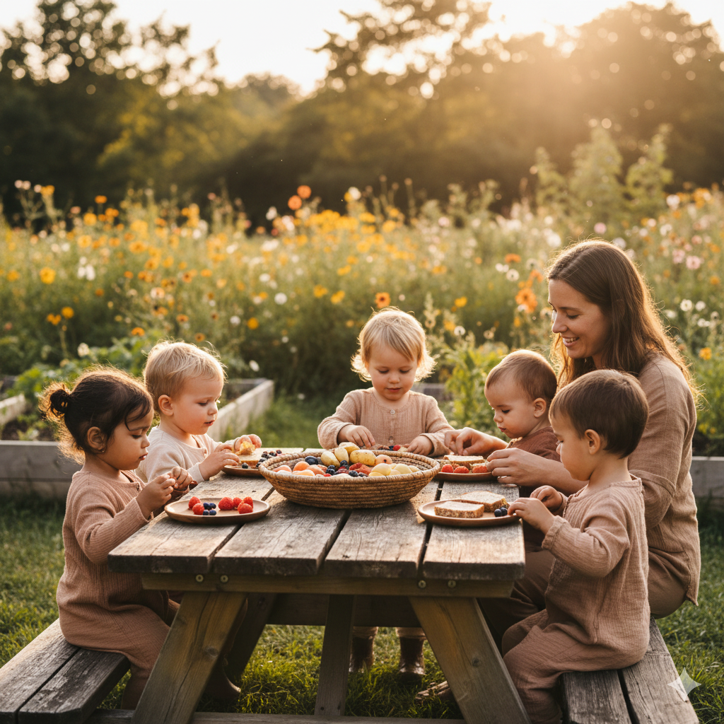A woman and five children having a picnic outdoors at sunset, with a table filled with fresh fruit and desserts, in a garden with colorful flowers and green trees in the background.