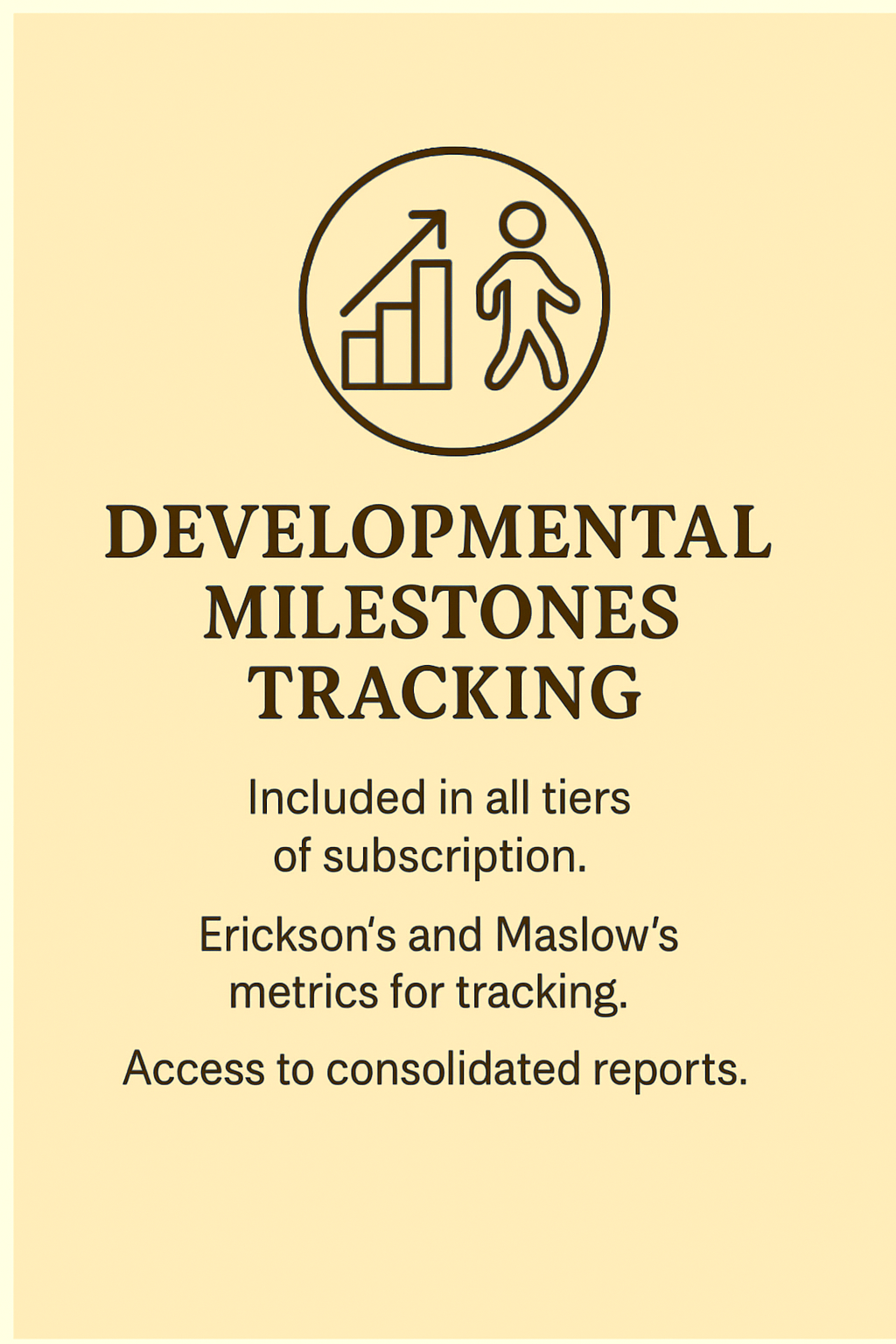 Information card about developmental milestones tracking, including Erickson's and Maslow's metrics, with icons of a walking person and upward-trending bar chart.