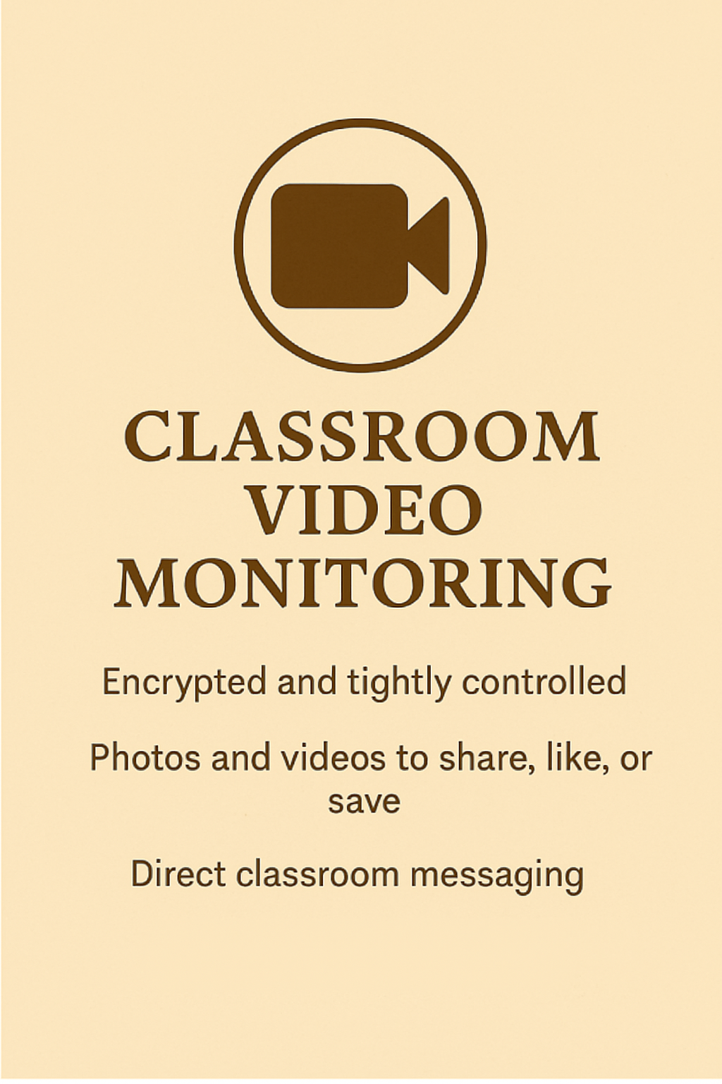 Sign for classroom video monitoring, with a camera icon, indicating encrypted and tightly controlled videos for sharing, liking, or saving, and direct messaging.