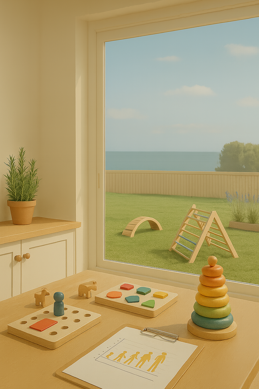 A child's therapy room with a view of an outdoor play area and ocean in the background. Inside, there are wooden toys, a color stacking pyramid, and a chart of human development on a table.