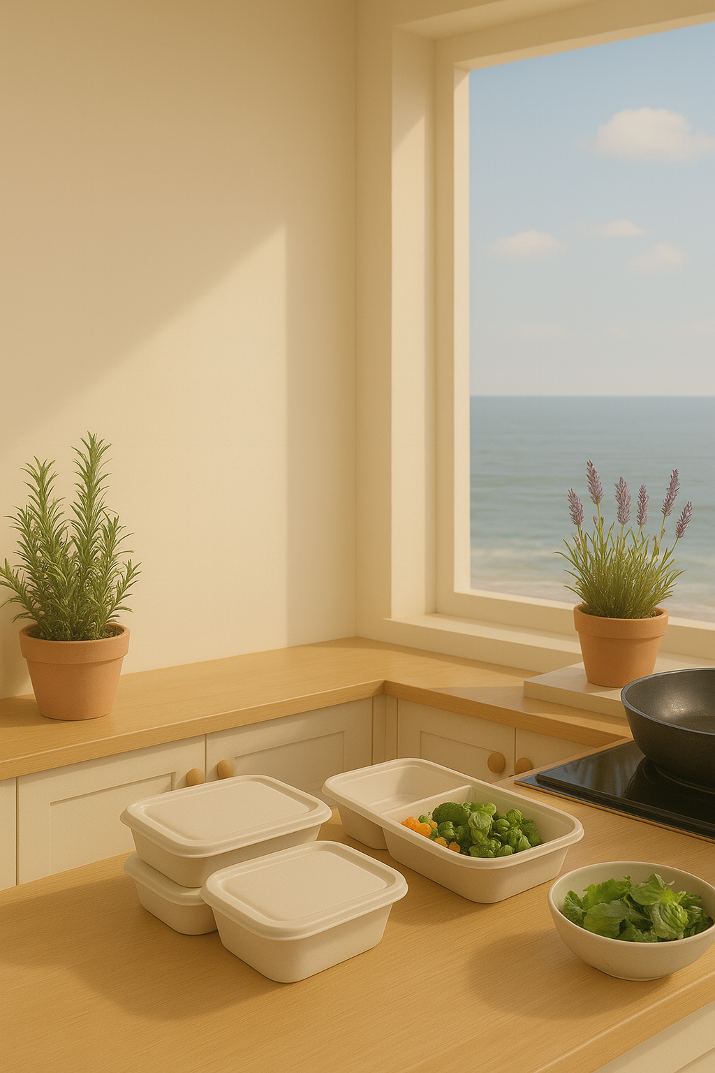 Kitchen counter with three white food storage containers, a bowl of salad, and a rectangular dish of mixed vegetables near a window with a view of the ocean and sky, potted lavender and rosemary plants on the counter.