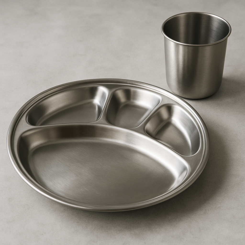 Stainless steel divided cafeteria tray with four compartments and matching cup on a light surface.