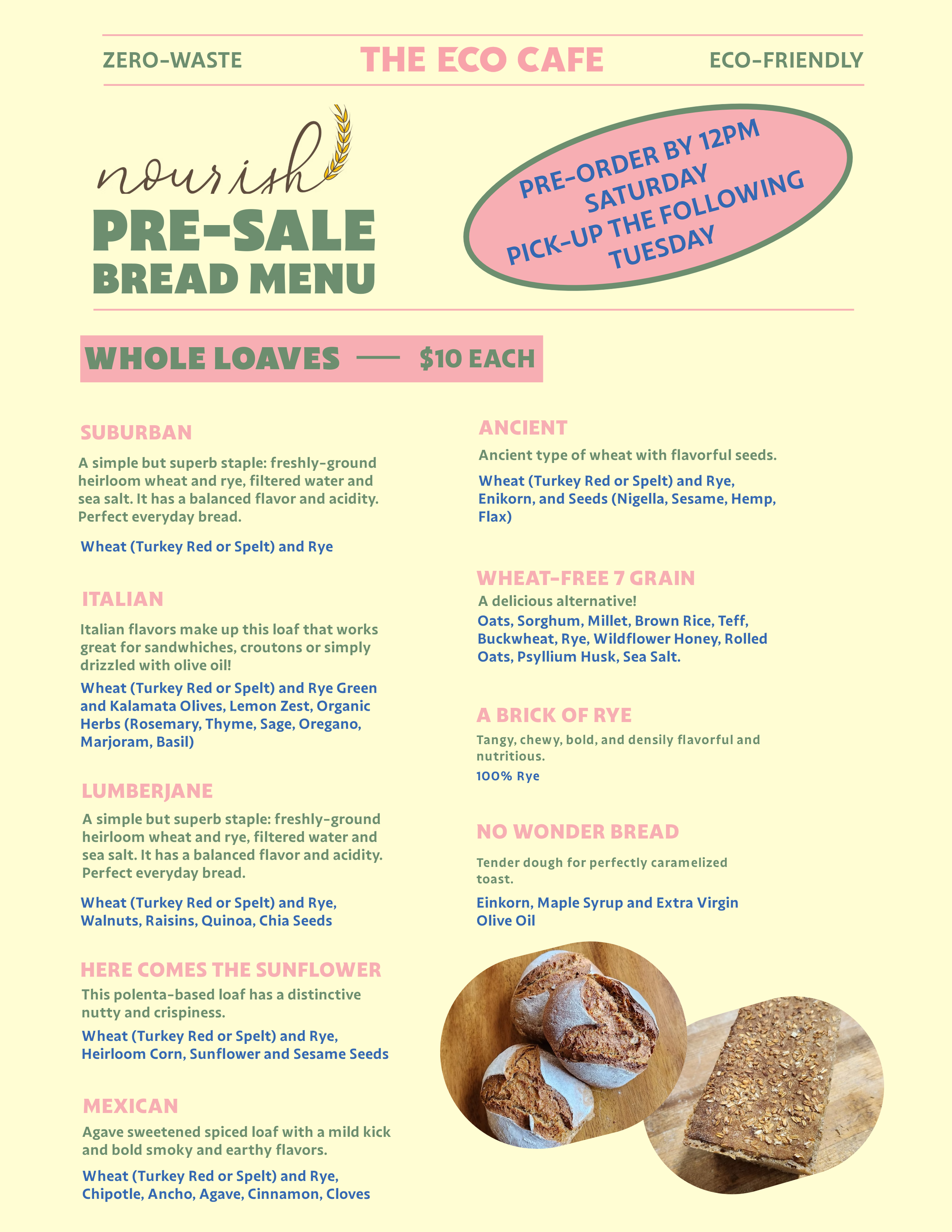 Pre-sale bread menu from The Eco Cafe, listing various whole loaves such as Suburban, Italian, Lumberjane, Sunflower, Mexican, Ancient, Wheat-Free 7 Grain, Rye Brick, and No Wonder Bread, with descriptions and ingredients, with a photo of two loaves of bread at the bottom right.