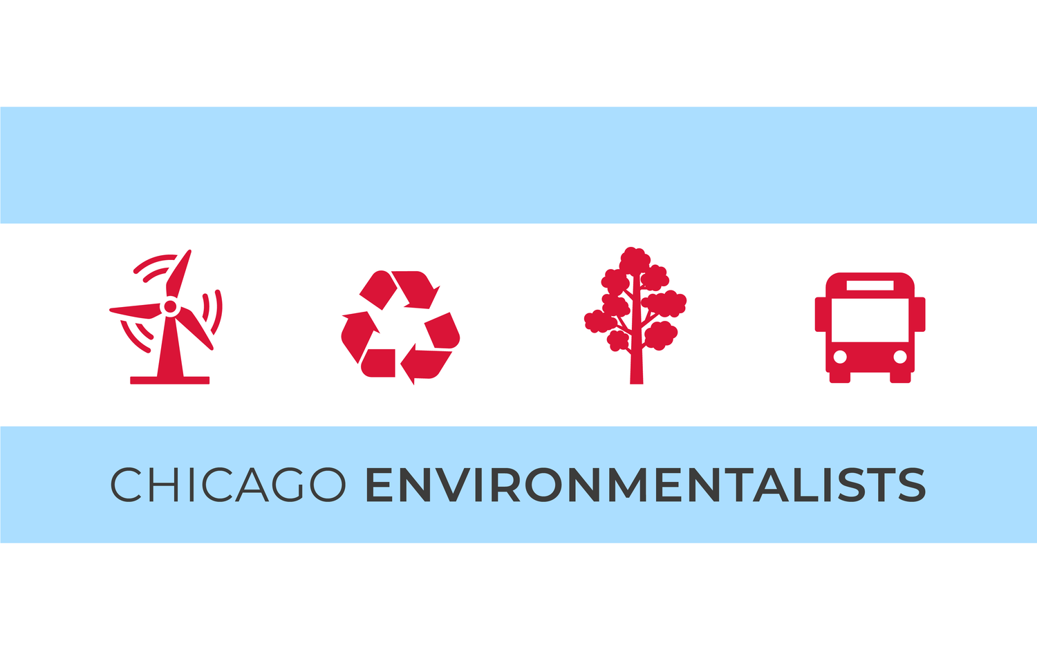Graphic with icons representing wind energy, recycling, trees, and public transportation.
