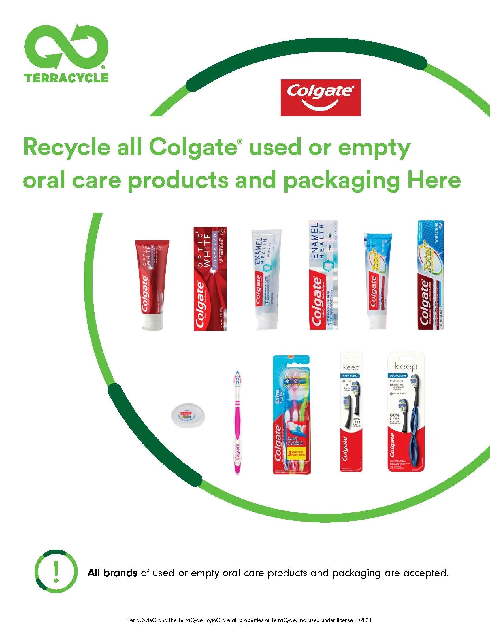 Instructions for recycling Colgate oral care products with images of various toothpaste tubes, toothbrushes, and packaging, along with a green circular arrow and TerraCycle logo.