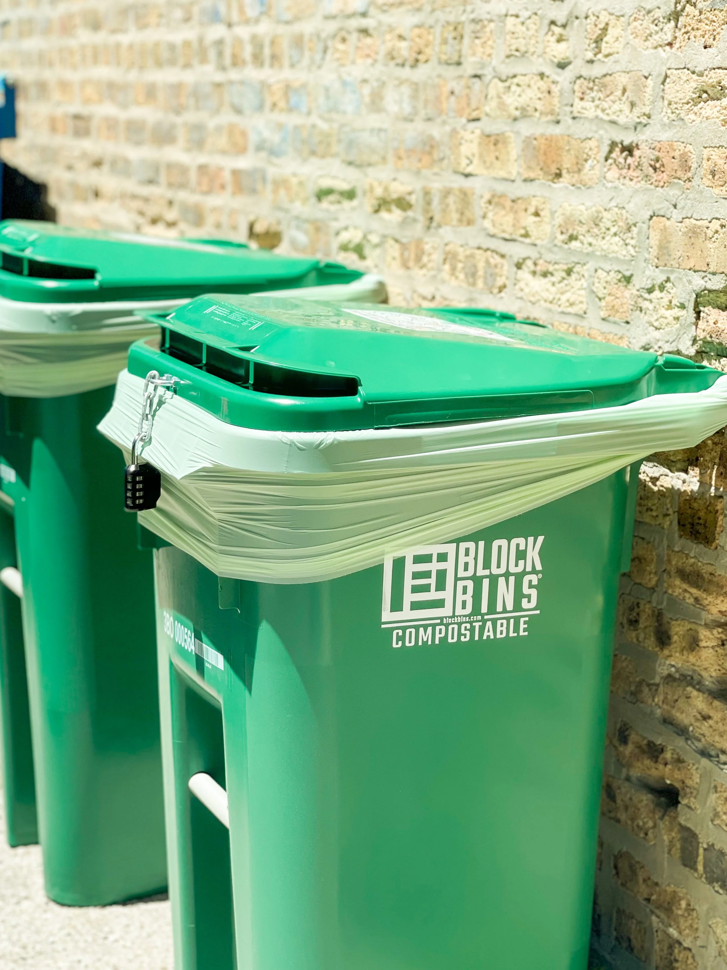 Green BLOCK BINS compostable trash containers lined up against a brick wall.