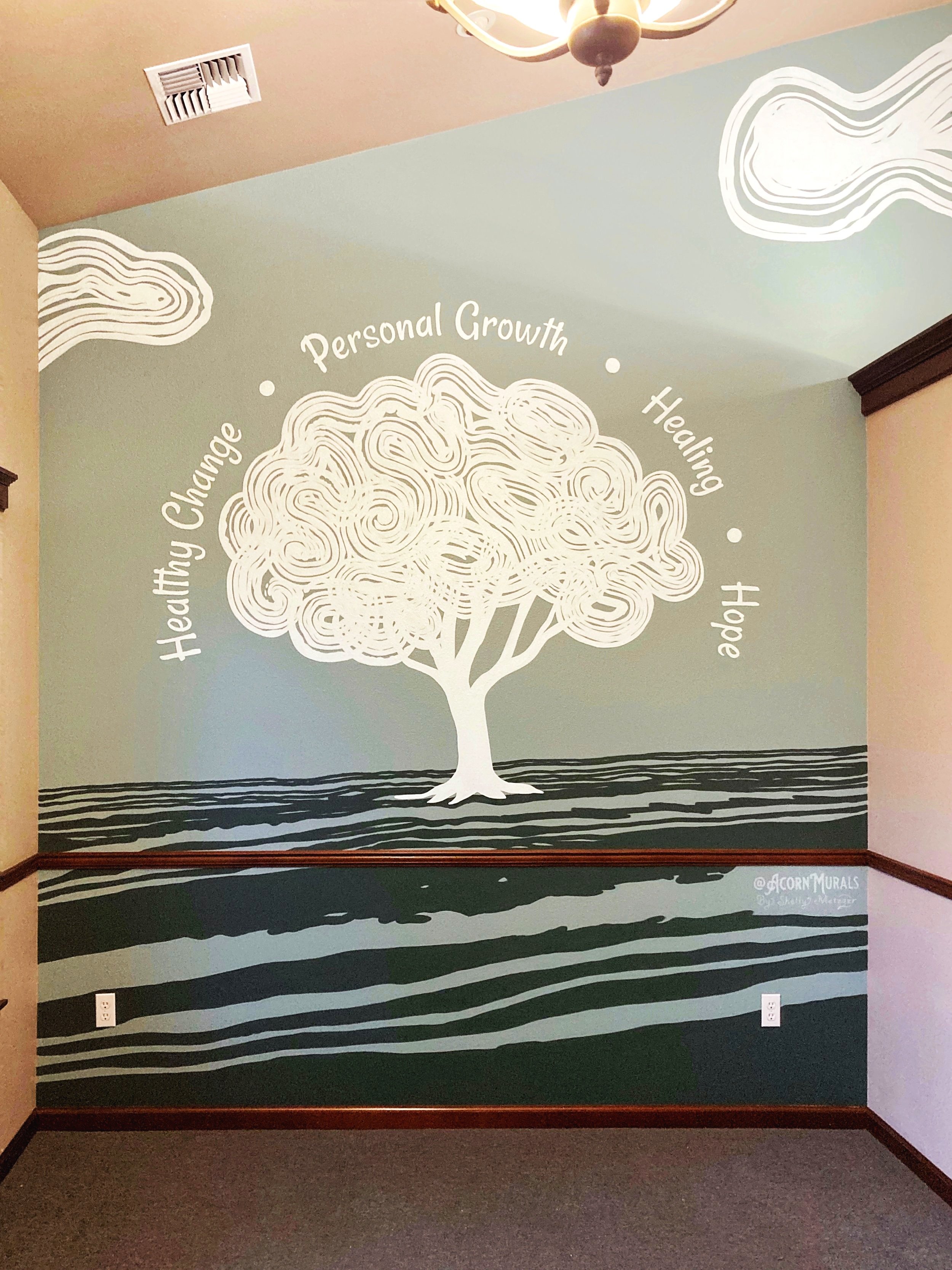 Mural painted for a mental health, counseling services office. The Healing Tree Counseling Services, painted by Shelly Metzger @AcornMurals #AcornMurals Seafoam green monochrome color pallet, tree with an abstracted representation of a brain for the