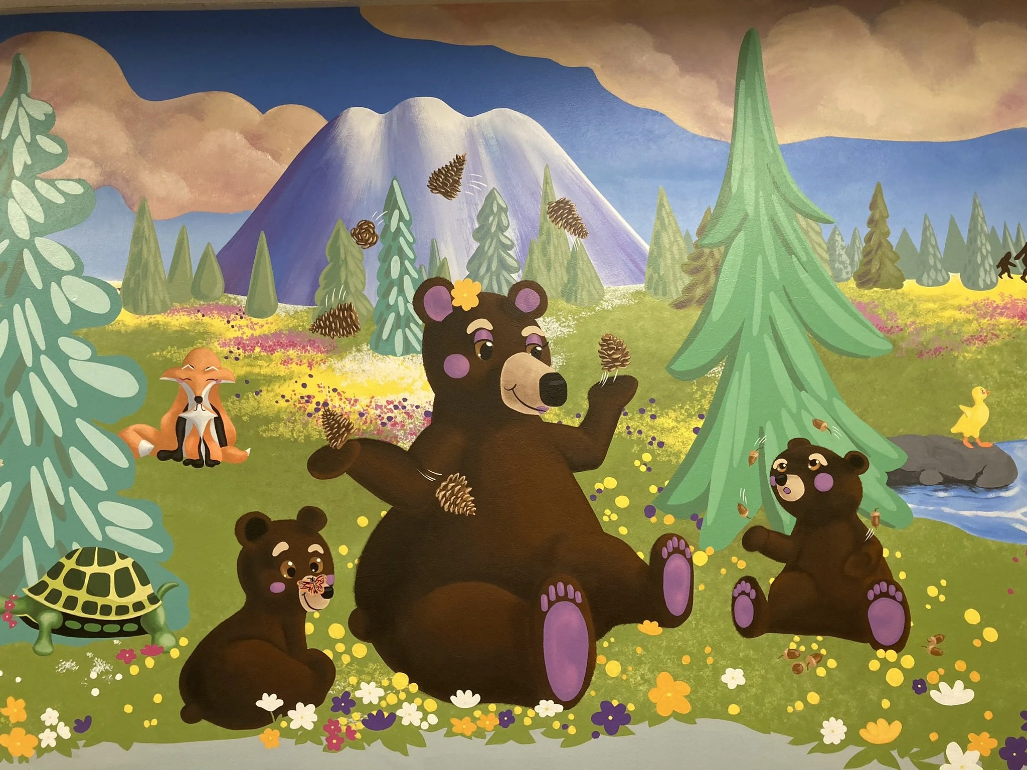Mural of Mama bear and cubs by Shelly Metzger Acorn Murals