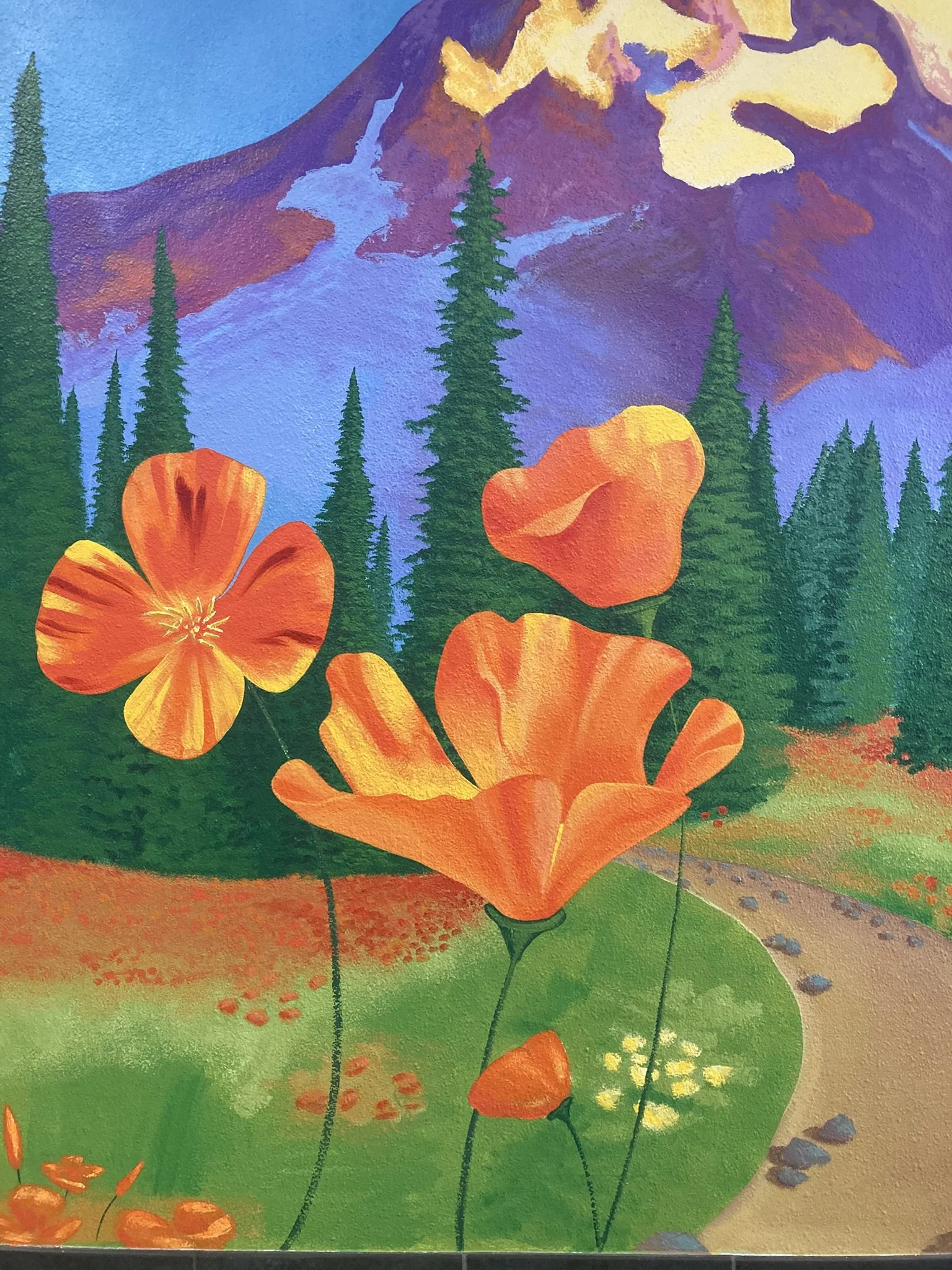 Close up of orange flower mural painted for Nucor Steel Seattle by Shelly Metzger Acorn Murals
