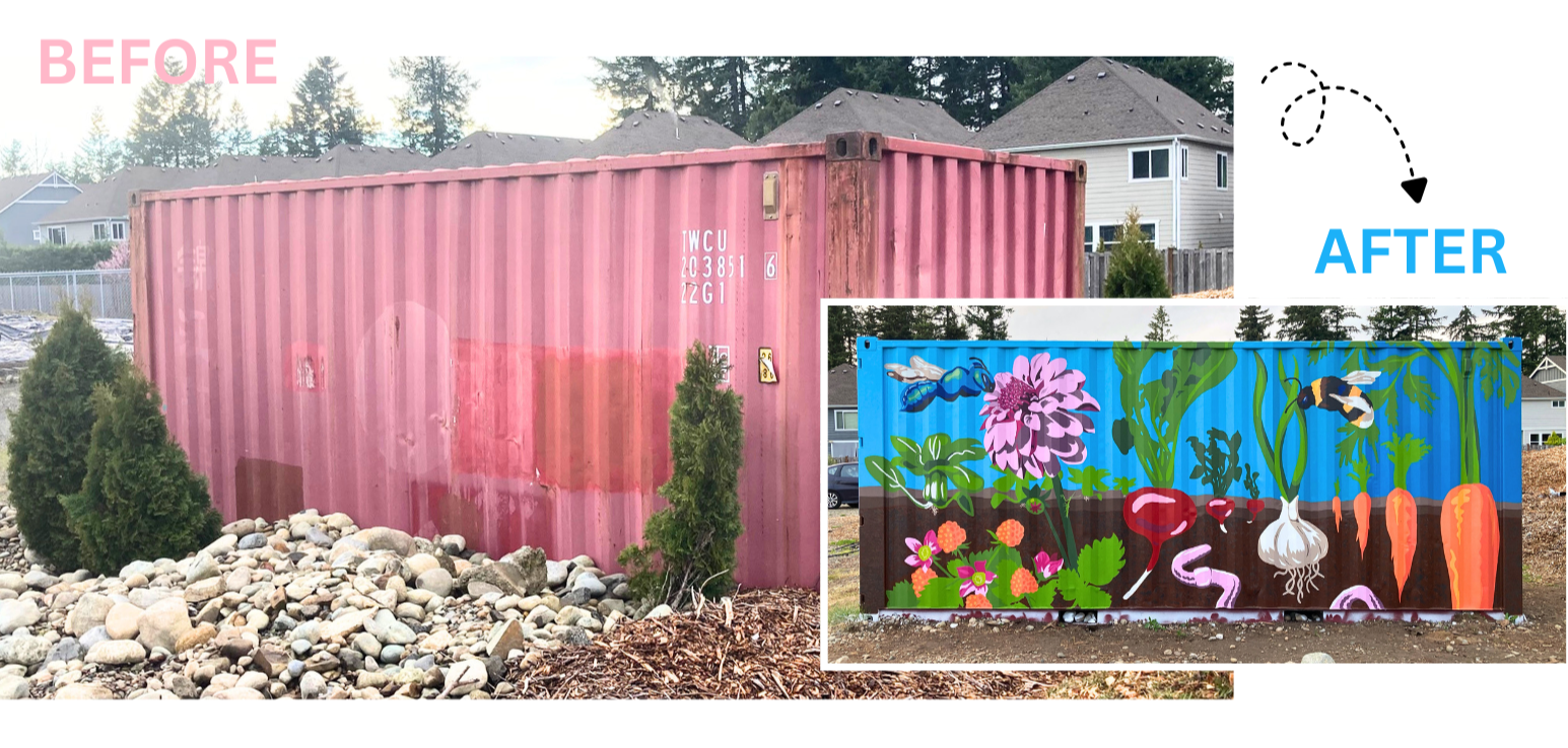 Before and after Mural painted on old shipping container. Mural designed by Acorn Murals Shelly Metzger, and painted by Shelly Metzger and the Elk Run Farm community of Maple Valley Maple Valley Mural artist, Washington State Mural artist