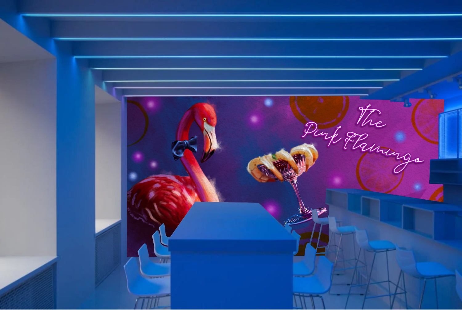 Colorful bar interior with a flamingo-themed mural concept and neon lights. An ideal mural that Shelly would love to paint. Cocktail themed mural concept. Shelly has had a fondness for flamingos due to her previous time of living in Florida. Good mem