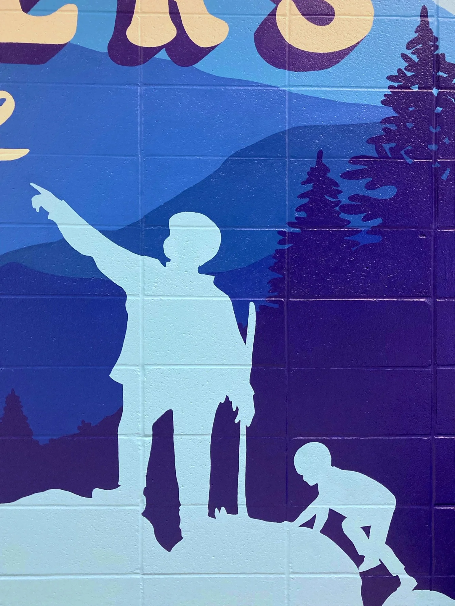 Blue PNW mural by Shelly Metzger Acorn Murals. Best mural artist Kent, best mural artist KSD, Kent School District, Best mural artist in Washington State, ombre mural. Mountain mural, mountaineers, Martin Sortun Elementary School, School Mural, Best 