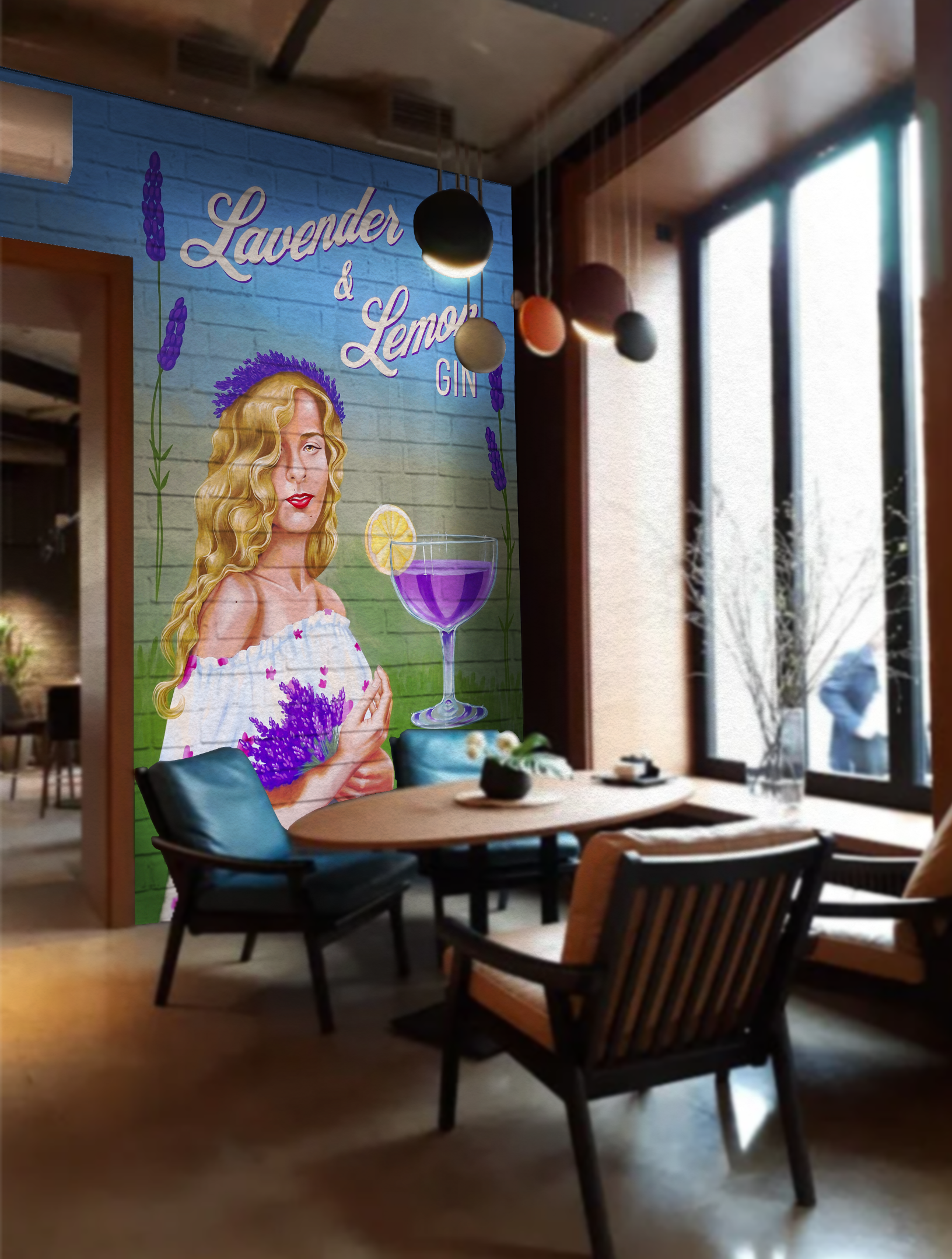 Industrial-style cafe interior with a mural concept of a woman holding lavender, featuring text 'Lavender & Lemon Gin'. A round table and chairs are in the foreground. based on Shelly Metzger's fine art painting Lavender and Lemonade @AcornMurals #Ac