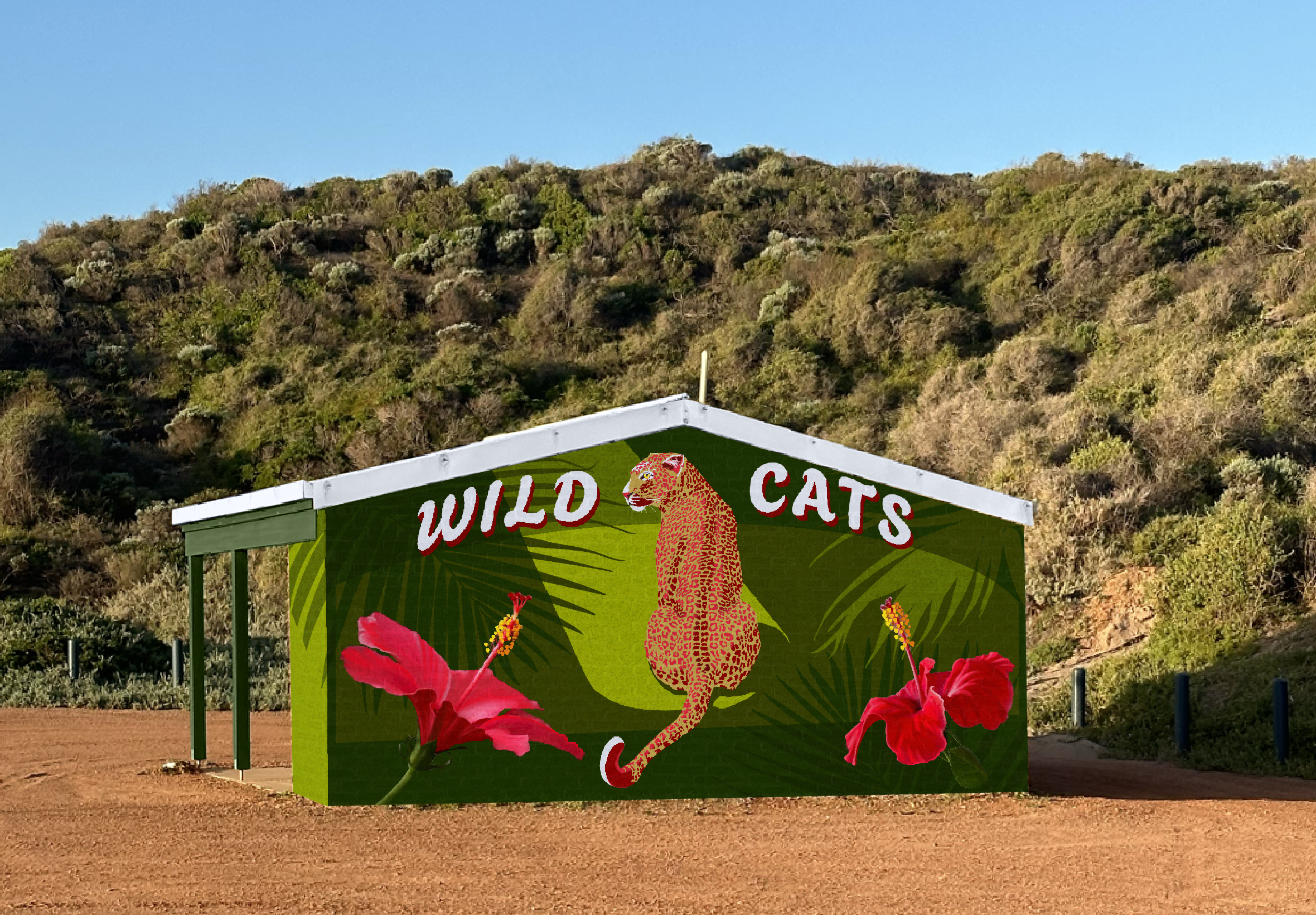 Building with "Wild Cats" mural concept featuring a leopard, red flowers, and green foliage background. Example of how a mural can spruce up a public park recreational building.