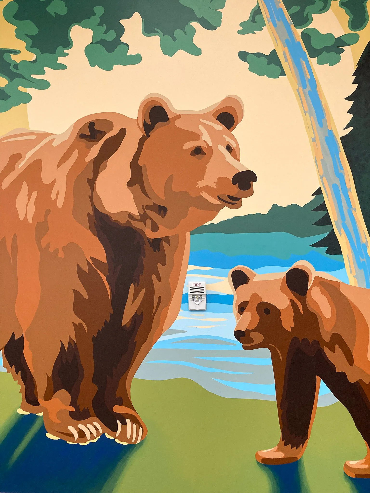 Close up of Modern color blocked mural of three grizzly bears in front of Lake Youngs with a creamy warm sunset. by Shelly Metzger Acorn Murals