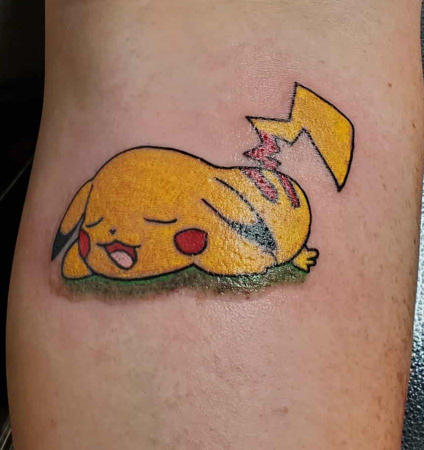 Pikachu tattoo done by a Redding tattoo artist