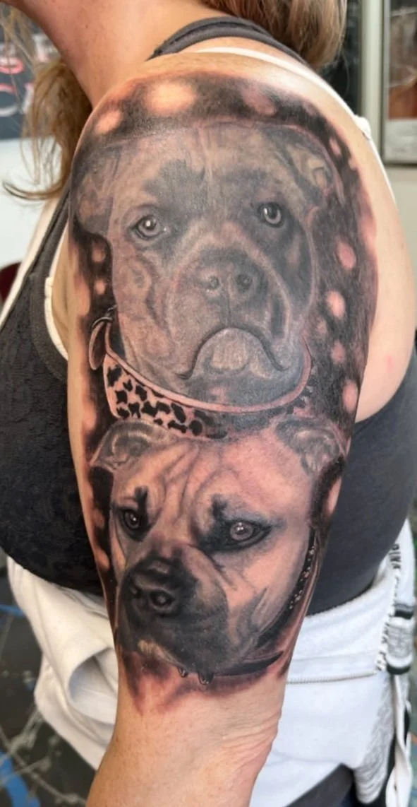 Black and gray realistic tattoo of two dog faces, one above the other, on a person's upper arm and shoulder.
