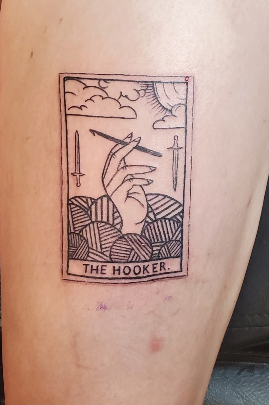 Tarot cart wood block style tattoo done by a Redding tattoo artist