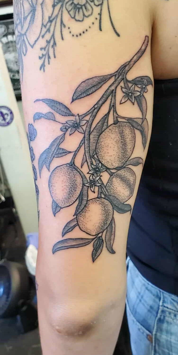 Black outline tattoo of a branch with four peaches, leaves, and small flowers on a person's upper arm.