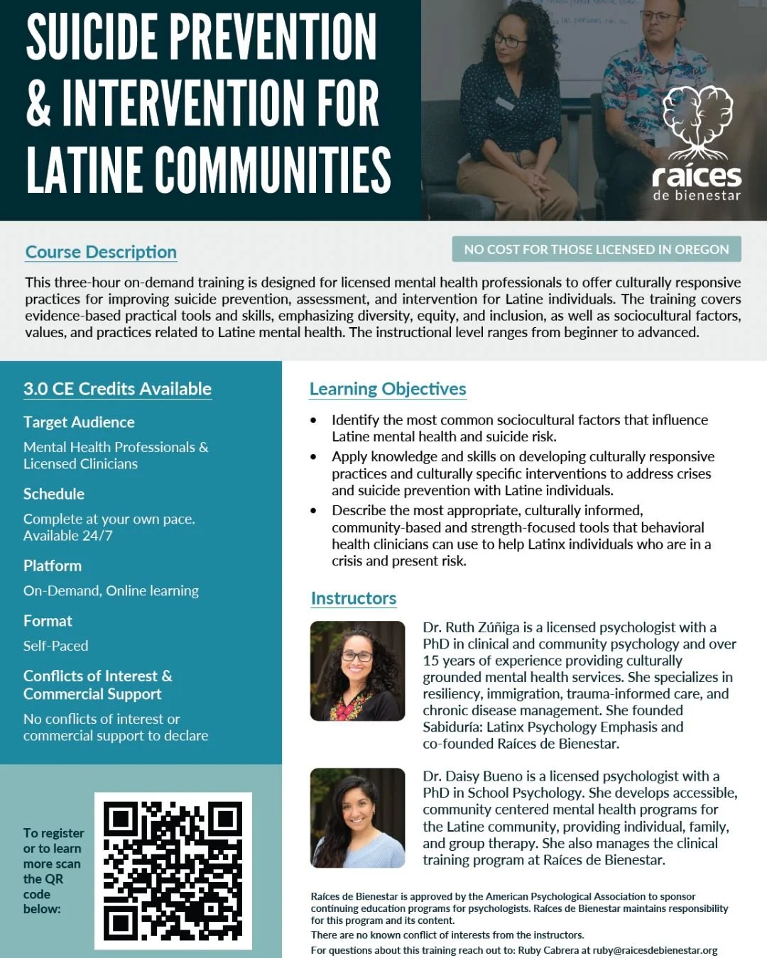 Raices has been at the forefront of delivering culturally tailored education on suicide prevention. We extend an open invitation to everyone in the community to access our on-demand training available through the link in our bio! Or scan the QR code 