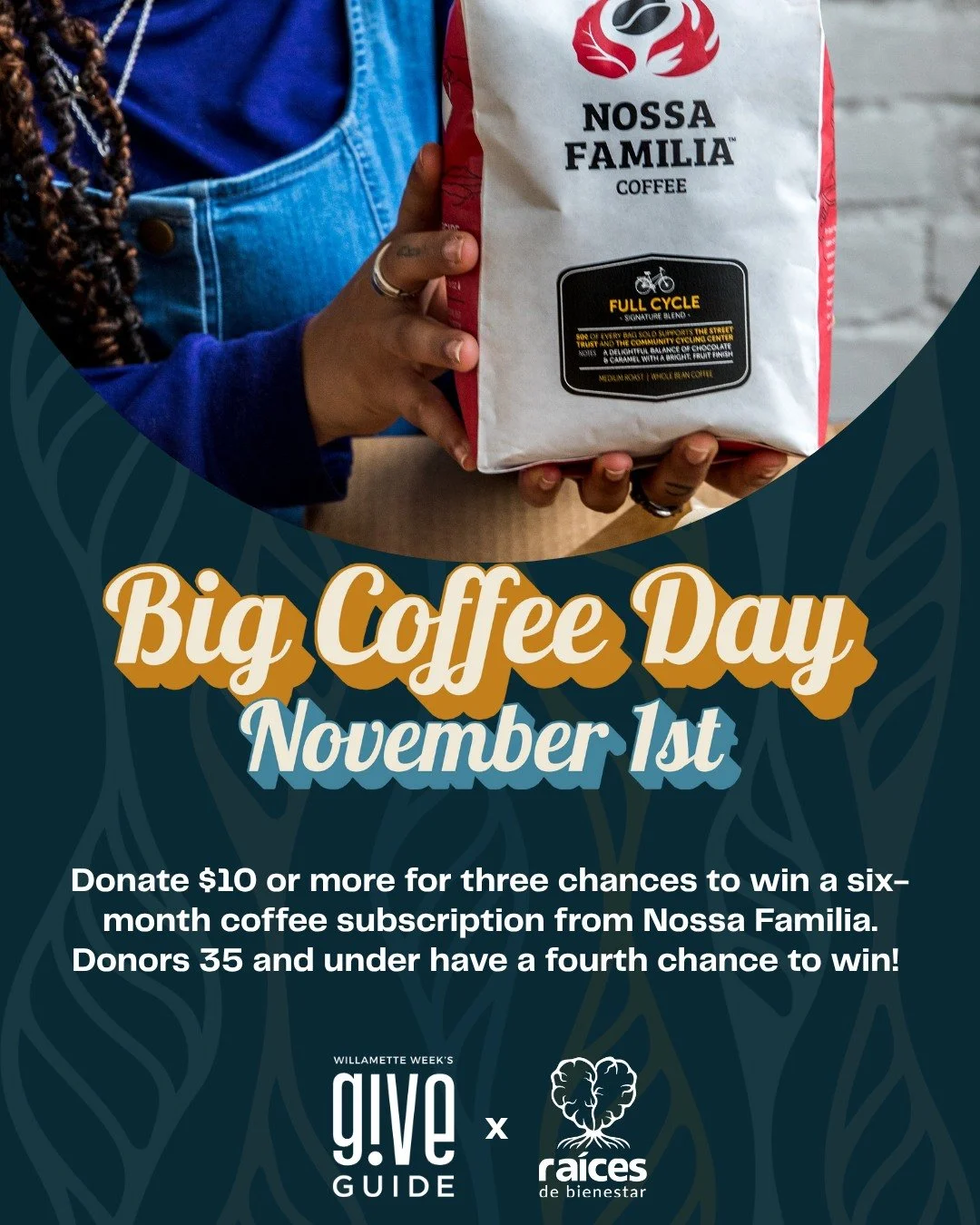 ¡Arriba el ánimo! Por fin ha llegado GiveGuide, y estamos encantados de inaugurar la campaña de 2025 con un regalo especial: ¡es el Día del Gran Café, gracias a nuestros increíbles amigos de Nossa Familia! ☕️

En Raíces de Bienestar, somos ded