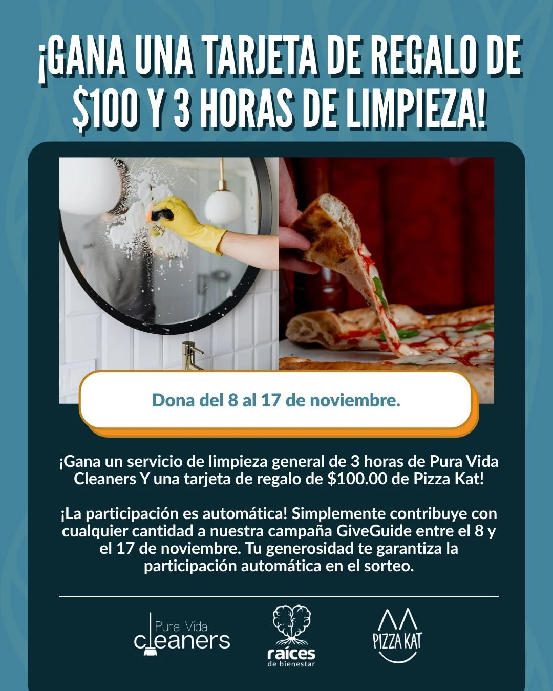 We're giving you the ultimate stress-free package to help you rest and recharge! Enter to win our fantastic Take a break incentive!

✨3-Hour General Cleaning Service from the experts at Pura Vida Cleaners
🍕 $100.00 Gift Card to Pizza Kat

HOW TO WIN