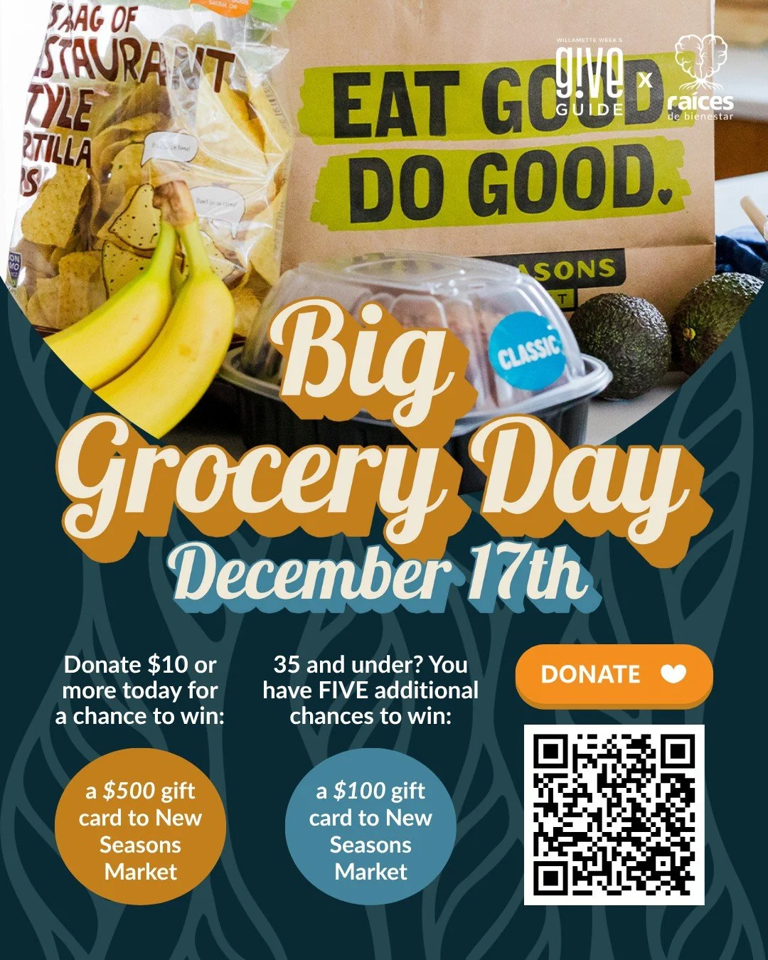 ¿Comestibles gratis? ¡Sí, por favor! 🎉

Justo a tiempo para las compras navideñas, cada donación de 10 $ o más realizada hoy te da la oportunidad de ganar una tarjeta regalo de 500 $ de New Seasons Market. 🛒 Disfruta de los mejores alimentos y productos locales de tu simpática tienda de comestibles del barrio.