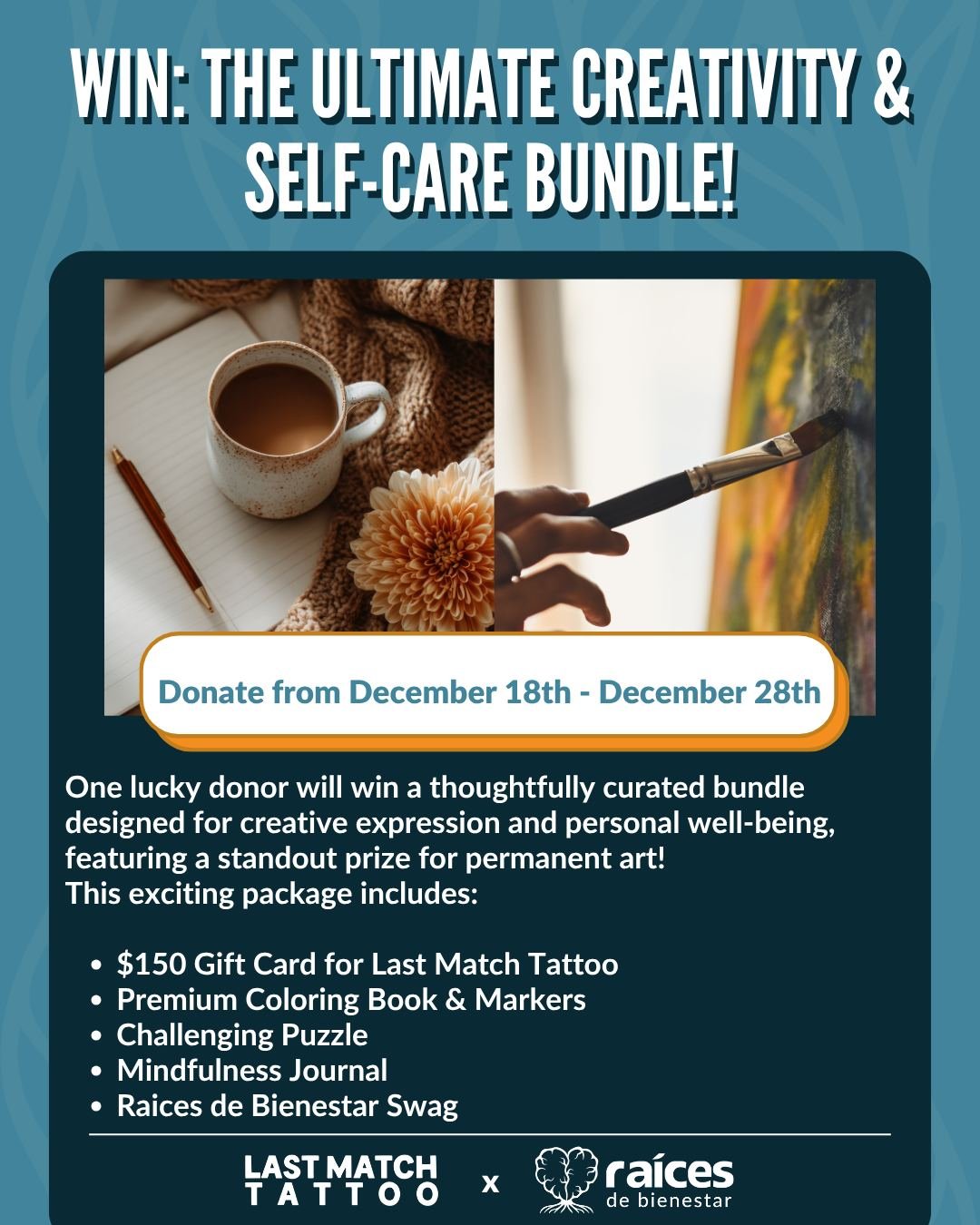 ¿Listo para relajarte, concentrarte y tal vez incluso hacerte un nuevo tatuaje? Le daremos a un afortunado donante un poderoso paquete para la expresión personal y la salud mental:

¡Una tarjeta de regalo de 150 dólares para Last Match Tattoo! (¡Tu próximo tatuaje personalizado te espera!)

Libro para colorear premium y
