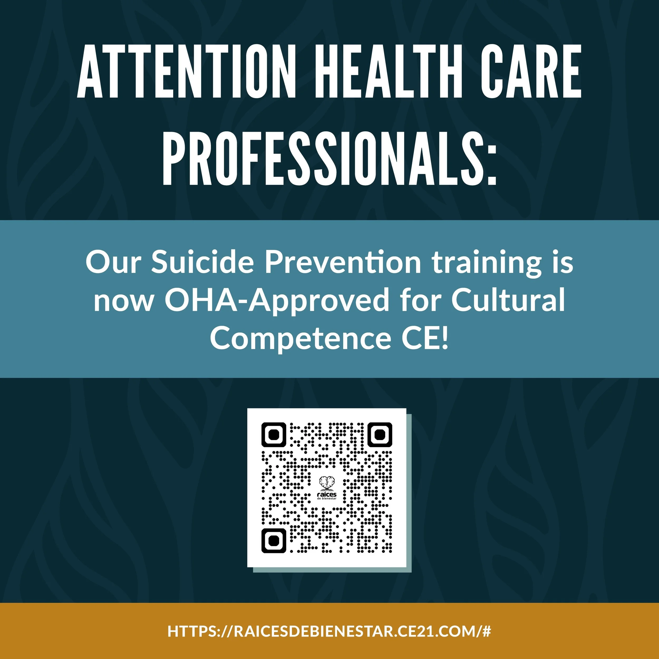 Learn culturally specific, evidence-based tools to support Latine individuals in crisis.

- 3 Hours | On-Demand
- 3 APA CE Credits
- Beginner to Advanced
- FREE and on your own time

Register today: [https://raicesdebienestar.ce21.com/#] 

#MentalHea