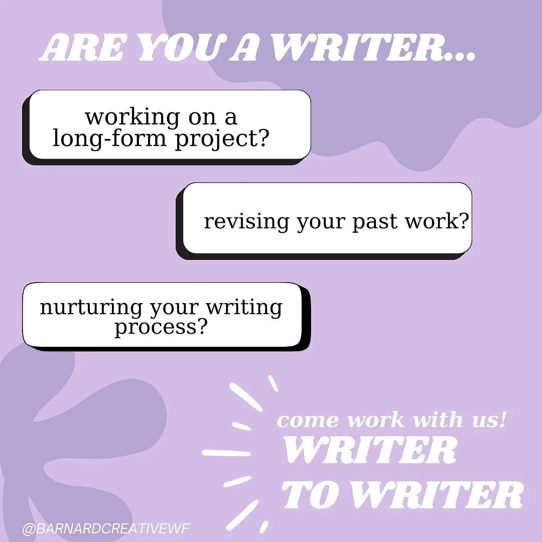 Are you a writer...
📁working on a long-form project?
🧠revising your past work?
🤲nurturing your writing process?
Come work with us! WRITER TO WRITER!🤩👋

We&rsquo;re a small group of creative writers within the Writing Fellow Program dedicated to 