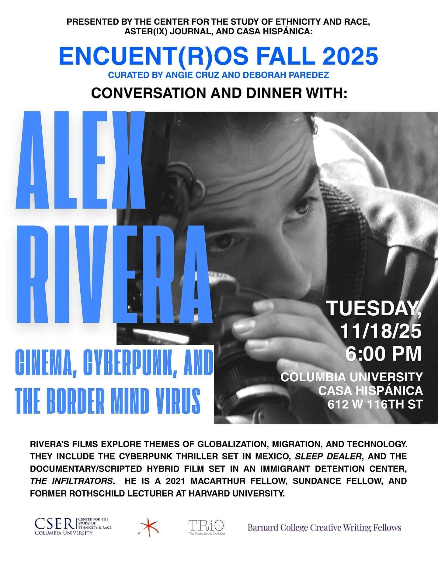 Concluding the incredible ENCUENT(R)OS series: Alex Rivera❤️&zwj;🔥🎞️🎥💫 the acclaimed filmmaker and Sundance Fellow is coming to Casa Hisp&aacute;nica on 11/18 for his talk, CINEMA, CYBERPUNK, &amp; THE BORDER MIND VIRUS

🌀Rivera&rsquo;s films ex