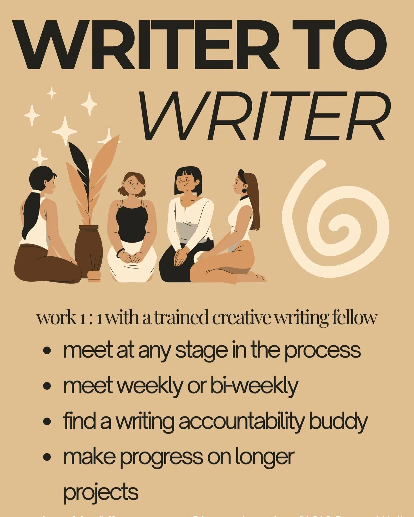 Writer-to-Writer is back! 💫

Writer-to-Writer is our peer-to-peer initiative dedicated to supporting other creative writers. As trained Writing Fellows, we can act as attentive and consistent readers of your work at any stage in the process. If you&