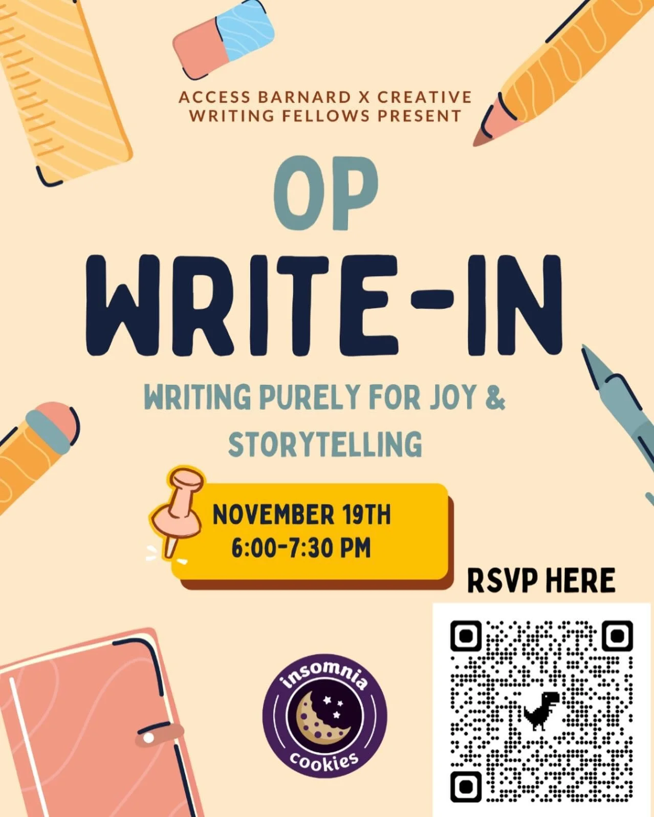Writing purely for joy &amp; storytelling🫧💐🫖 happening Tuesday, Nov 19th 6-7:30! 
An op write-in brought to you by Access Barnard and the Creative Writing Fellows✉️🧑&zwj;💻