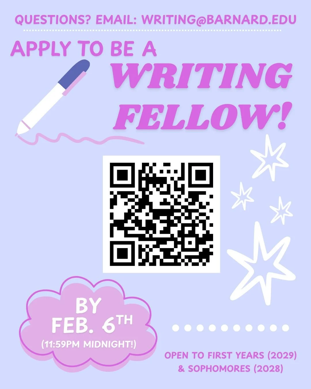 We are SO excited to announce that applications are live!!✍️💥🫶

Interested in working with academic ✒️, science 🧪, or creative 🌀 writing? Love reading and supporting student work? So do we!! Apply to be a writing fellow by February 6, 2026, 11:59