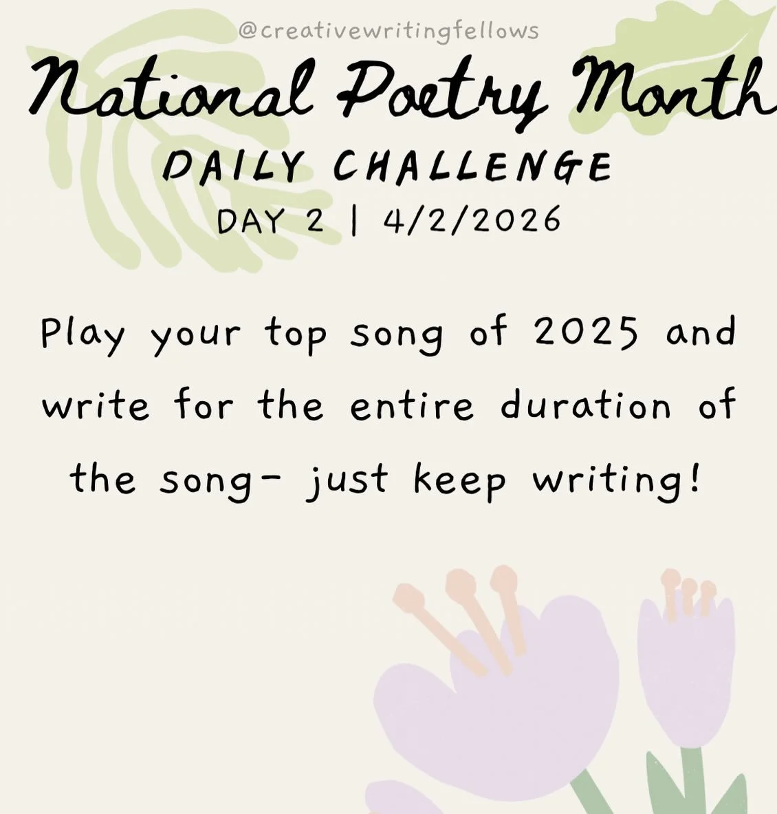 #NationalPoetryMonthChallenge day 2: Play your top song of 2025 and write for the entire duration of that song&mdash; just keep writing!⚡️🐛🏃

Subscribe to our newsletter to get prompts delivered daily to your inbox! Link in bio🔗