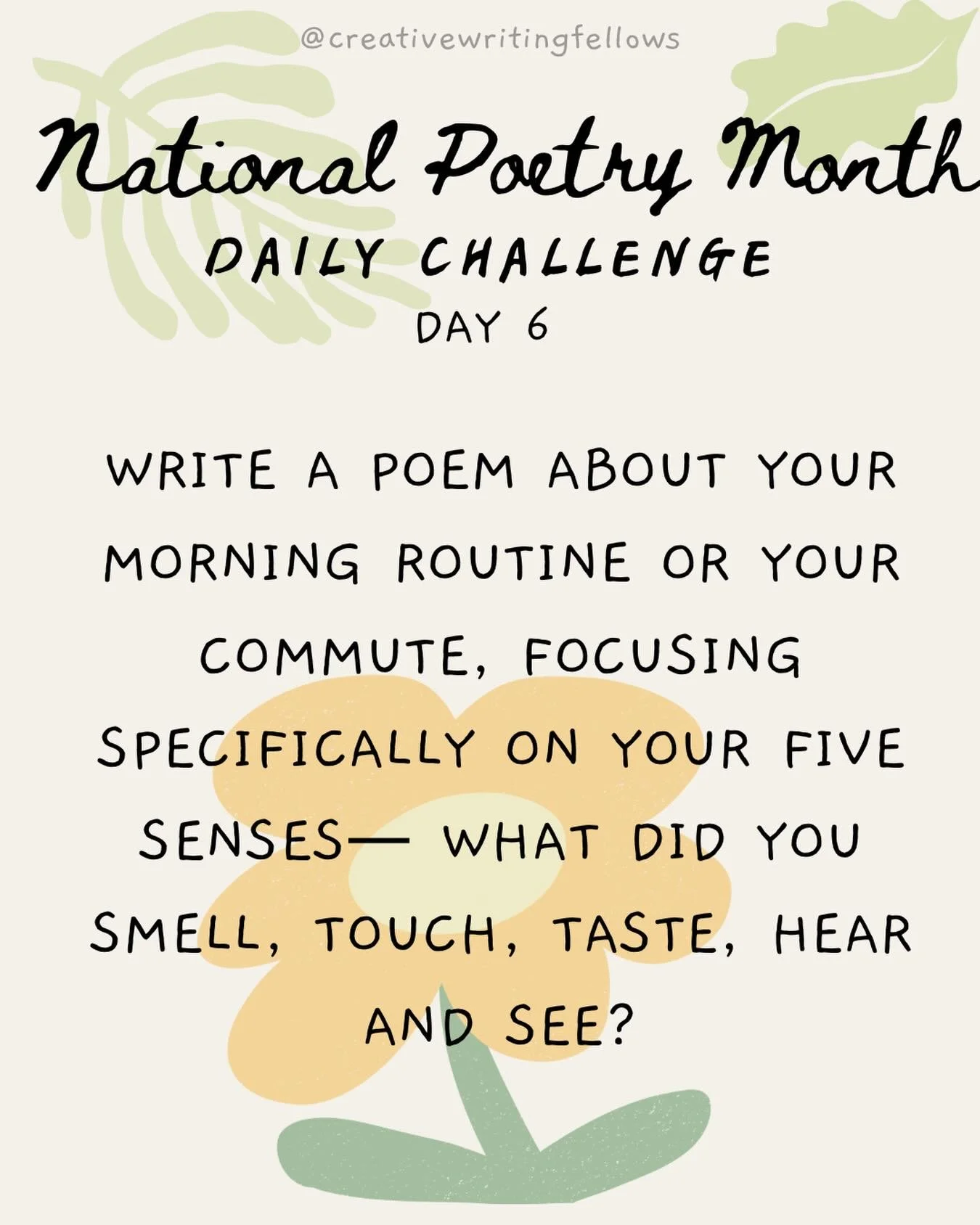 Day 6 of our #NationalPoetryMonth challenge!🌞🚇☕️🍌
Write a poem about your morning routine or your commute, focusing specifically on your five senses&mdash; what did you smell, touch, taste, hear, and see?