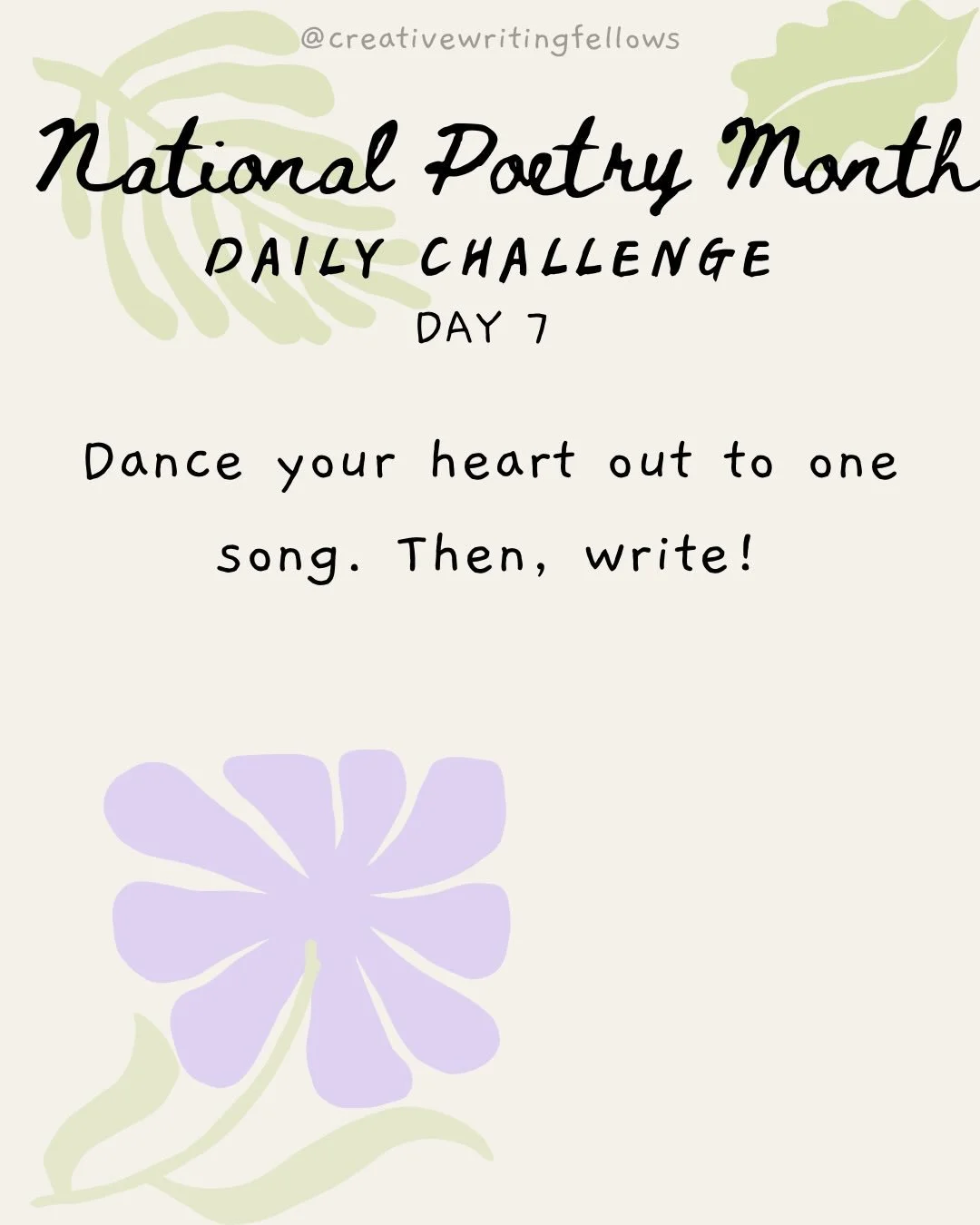 #NationalPoetryMonthChallenge days 7 &amp; 8!

Day 7: Dance your heart out to one song&mdash; then, write!🕺🏽🦋👐🏽

Day 8: Look out of your window. Write a haiku for each sight or scene you see🌳🧑&zwj;❤️&zwj;💋&zwj;🧑🚴🏻&zwj;♀️🐣
